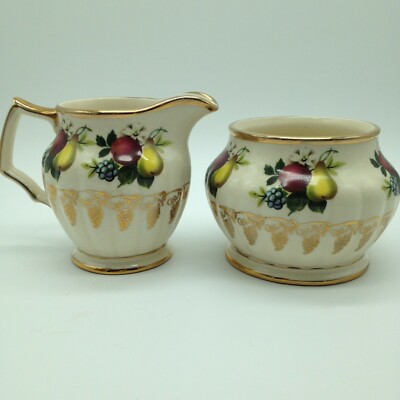 Vtg Sadler England Fruit Pear Grapes Apples & Gold Grapes Sugar and Creamer Set