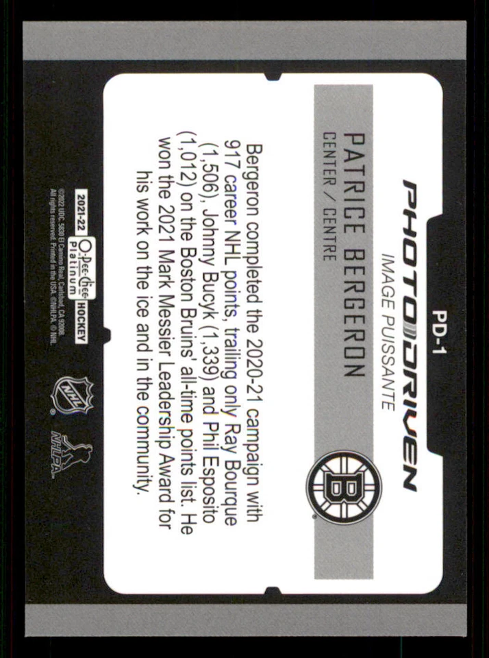 2021-22 O-Pee-Chee Platinum Photo Driven #PD1 Patrice Bergeron - Image 2 of 2