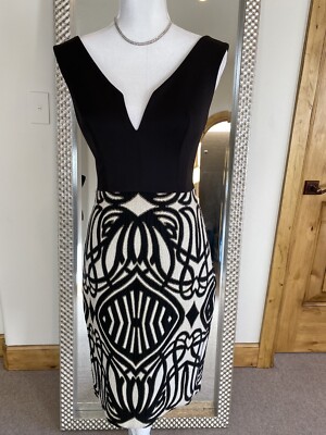 Black Halo Body Con Dress Cream & Black Knee Length Small US 4