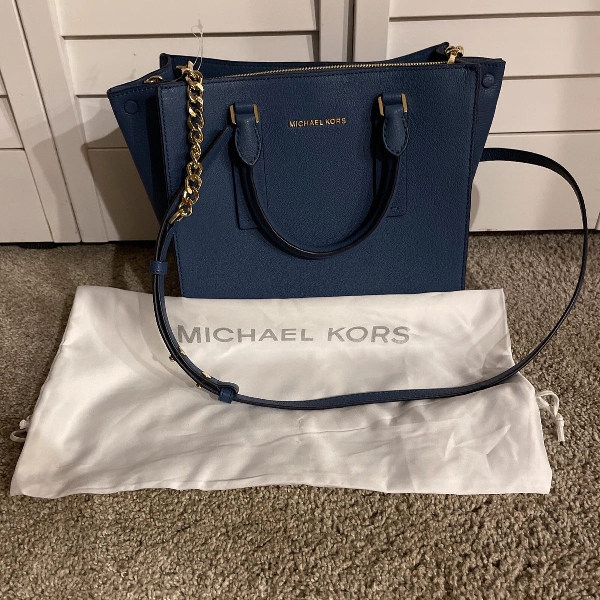 Michael Kors Alessa Satchel NWT Blue/Gold Accents Medium Designer MK w/ Dust Bag |