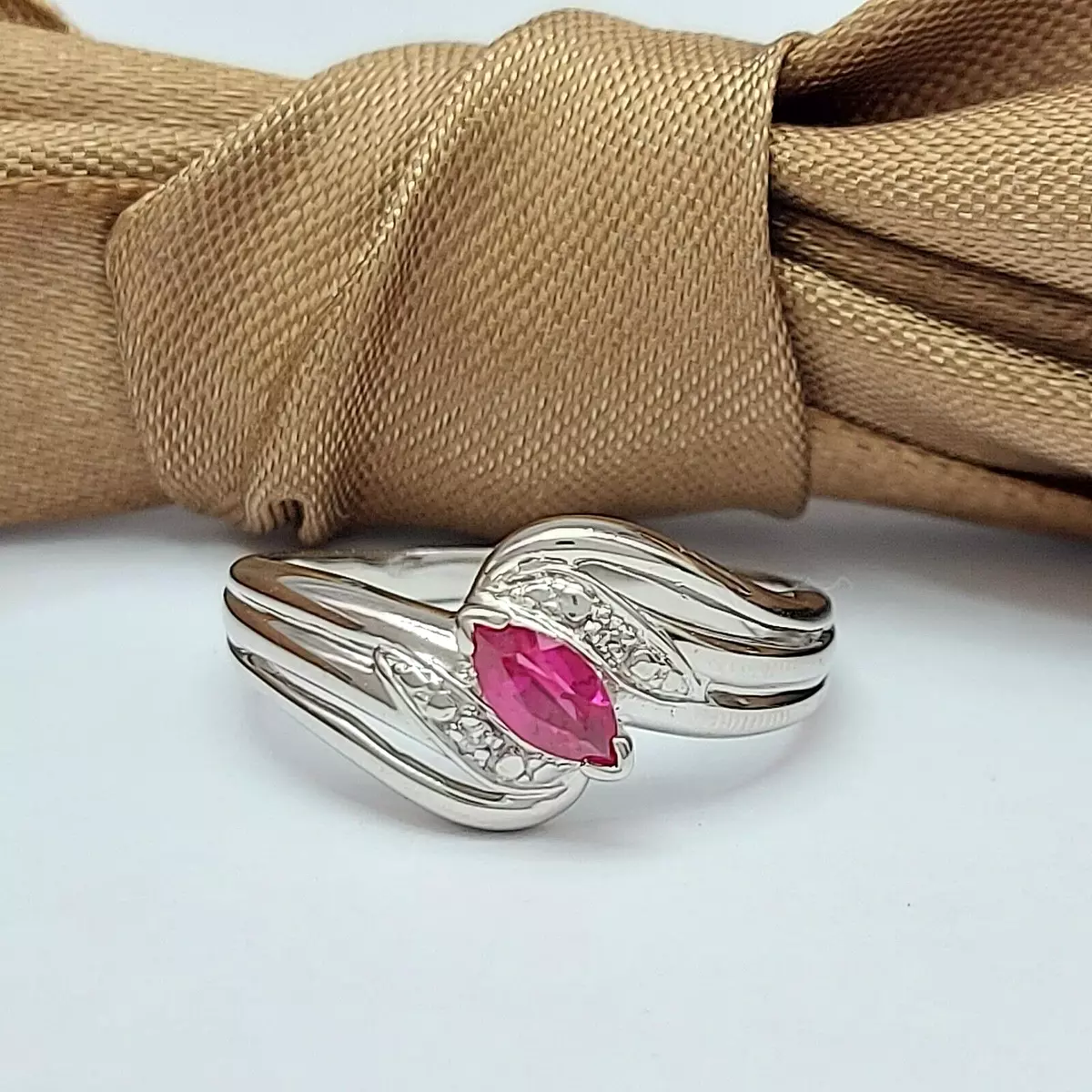 Ladies White Gold 9ct 375 9k Ruby and Natural Diamonds Swirl Dress Ring