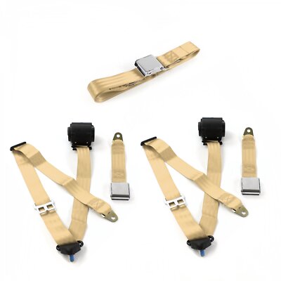 AMC AMX 1967 - 1974 Airplane 3pt Tan Retractable Bench Seat Belt Kit - 3 Belts