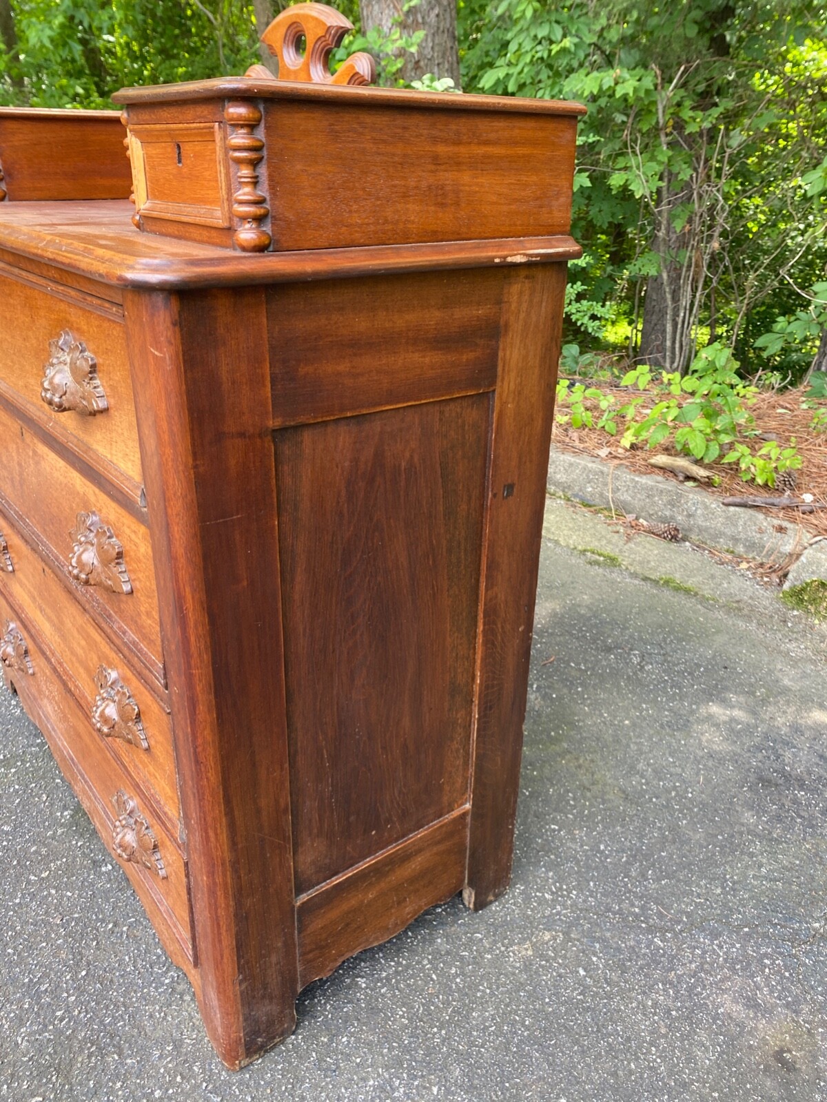 Antique Walnut Dresser w/ Small Handkerchief Drawers & Carved Leaf