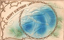 Happy Birthday Embossed Blue Rose Petals Golden GlitterVintage Postcard 1910's