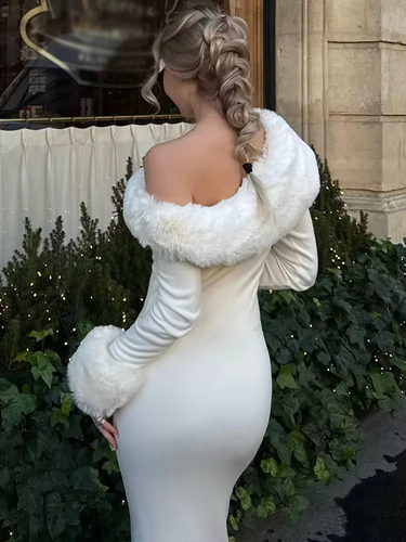 Flauschiges Winter Slim Maxikleid für Damen - High Waist Langarm Sexy Off-Should - Bild 4 von 8