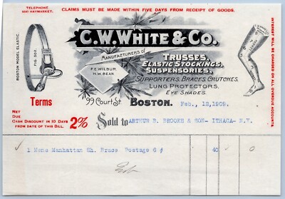 1909 C W White Billhead Boston MA Trusses Elastic Stockings Suspensories Braces