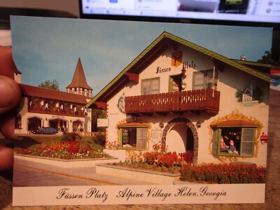 Vintage Old Postcard GEORGIA Helen Alpine Village Fussen Platz Restaurant Stores