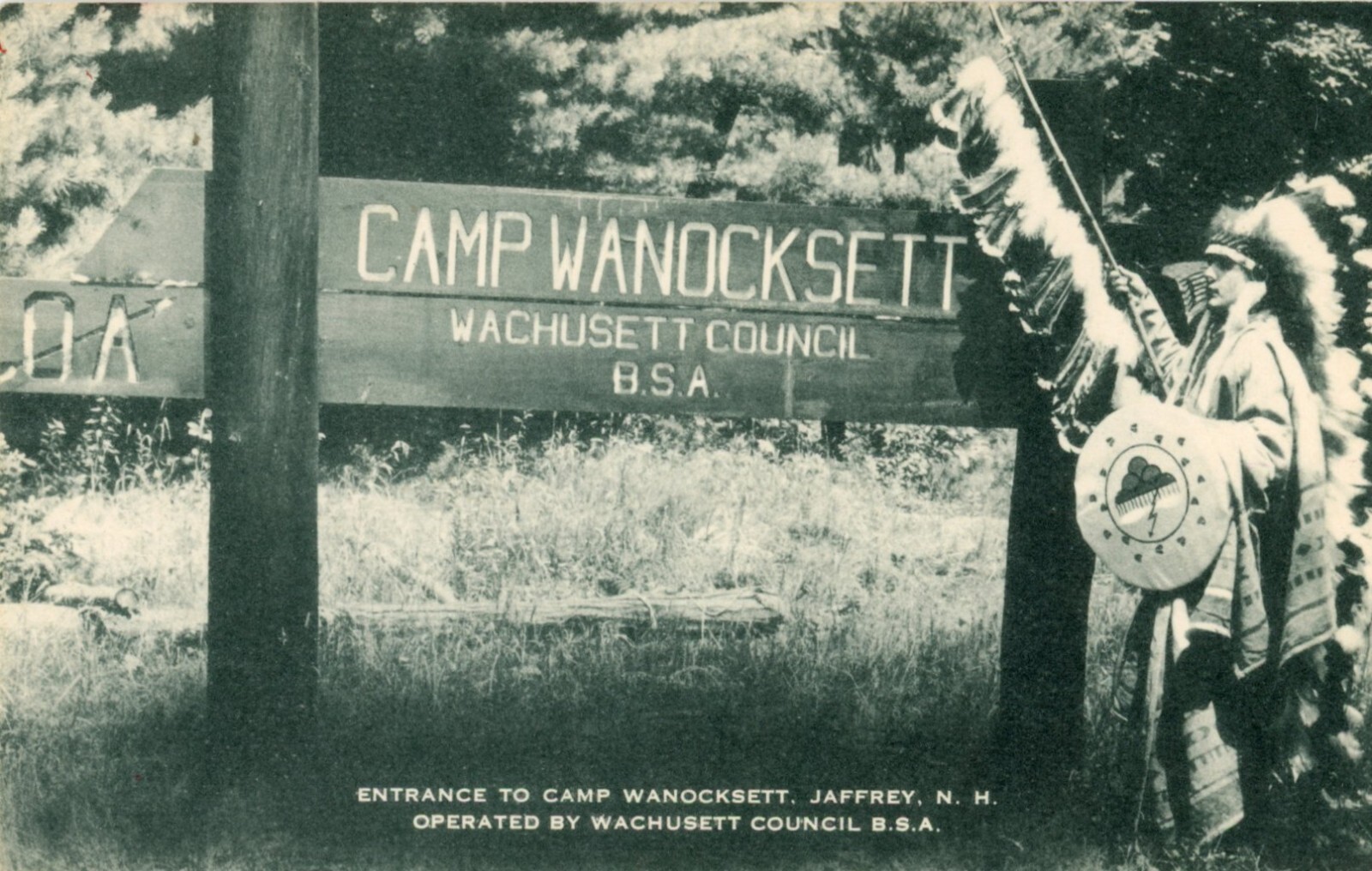 ca 1940 Jaffrey NH Boy Scout postcard, Camp Wanocksett, entrance sign