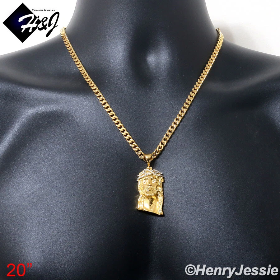 18"-40"MEN Stainless Steel 5mm Gold Plated Cuban Chain CZ Jesus Face Pendant*133 - Image 2 of 4