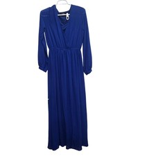 Lulus Wondrous Water Lilies Royal Blue Maxi Dress M Long Sleeve Wrap Slit