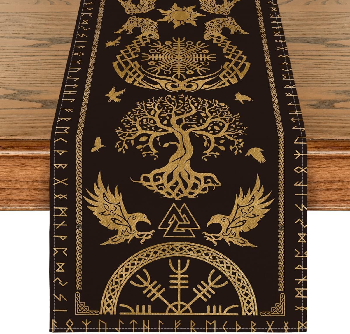 Artoid Mode Black Gold Viking Tree of Life Raven Helm of Awe Table Runner, Seas