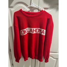 Vintage Oklahoma Sweater Red White Knit Pullover Unisex M USA Made Acrylic 80s
