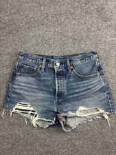 Levi's 501 Shorts Womens 28 Blue Denim Cutoff Distressed Button Fly Raw Hem