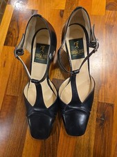   VINTAGE EFF  FFE Navy Blue Leather T-Strap Block Heels  Made in Italy  36