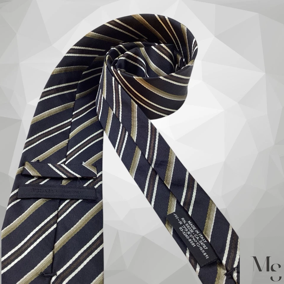 Gravata fina de seda luxuosa listrada preta e marrom PRADA feita na Itália 60”-2,5” EX COND - Imagem 4 de 4