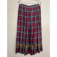 Vintage Plaid Maxi Skirt Womens 30 Waist Pink Teal Floral Border Pleated Pockets