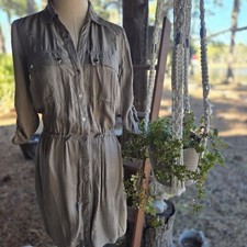 MICHAEL Michael Kors Olive Green Snap Front Drawstring Waist Midi Dress Size S
