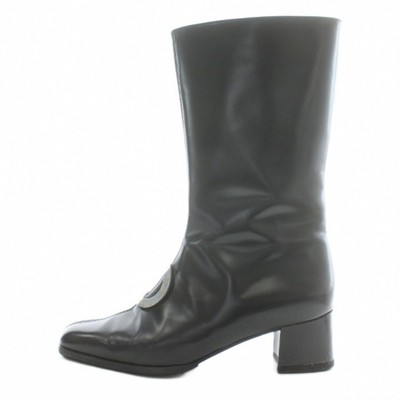 Celine Chunky Heel Logo Metal Ring BOOTS Middle 37.5 Black SS Used adc0a57e0a85c