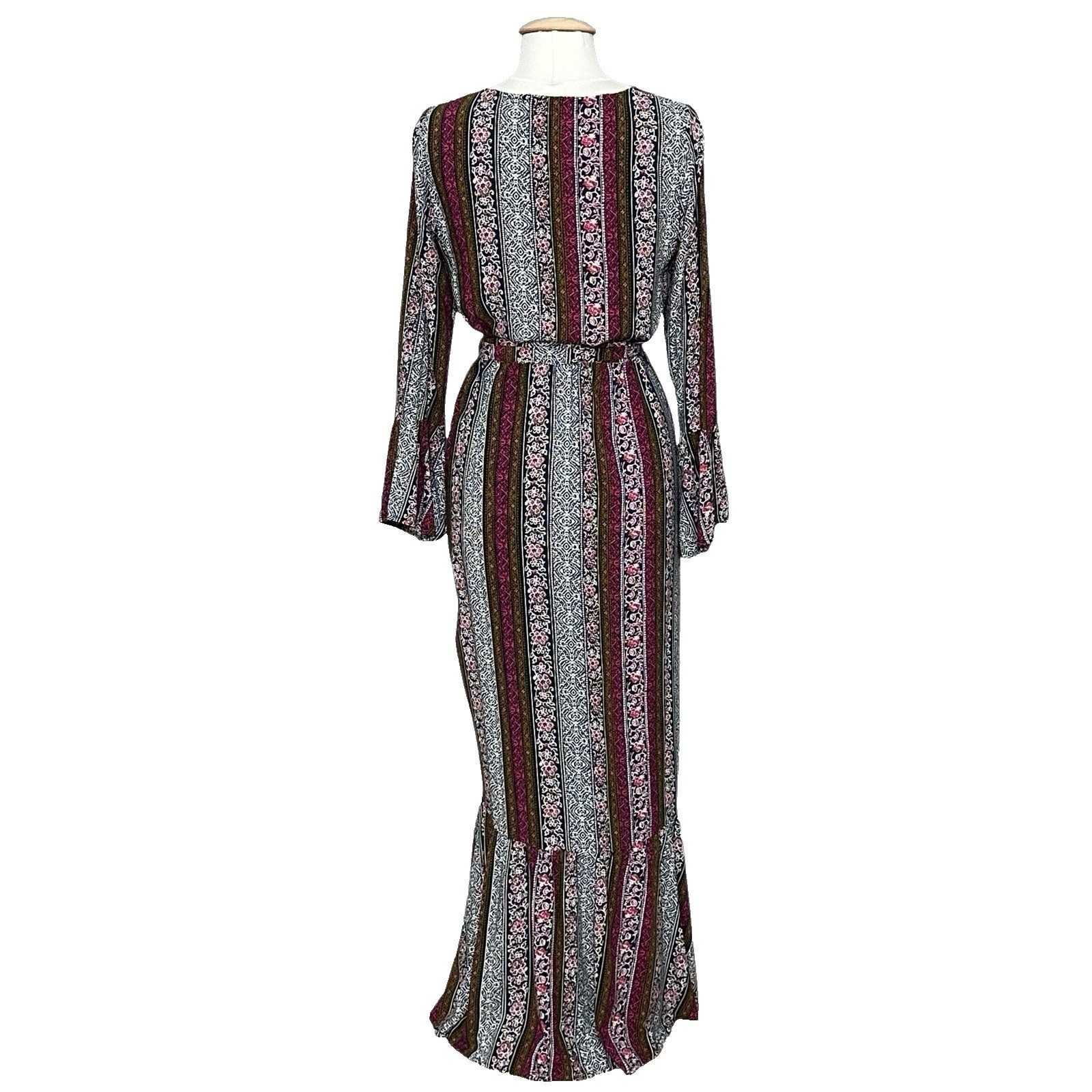 R Vivimos Womens Dress L Pink Green Stripe Wrap Ruffle Maxi Retro Peasant Boho