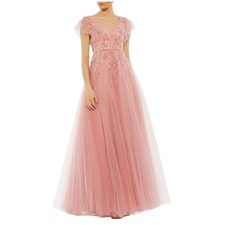 Mac Duggal 11224 Embellished Tulle Salmon Cap Sleeve Gown Size 8 698