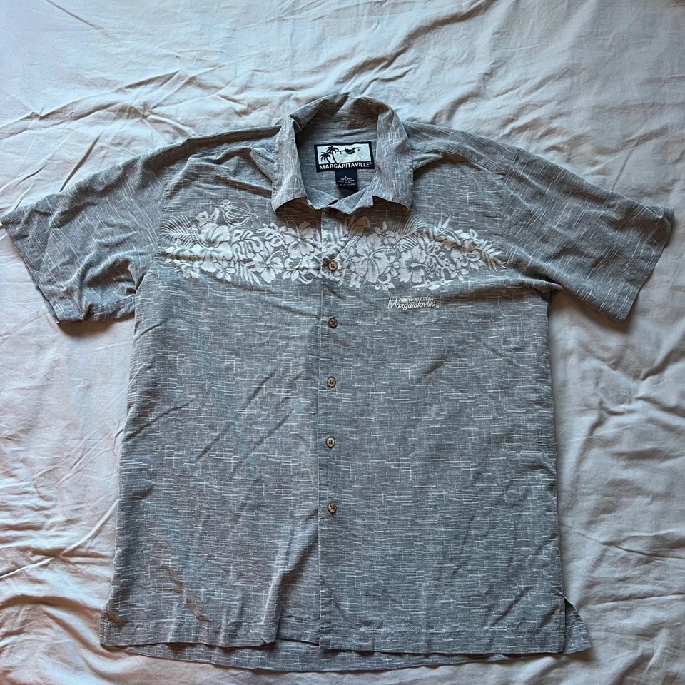 Camisa Hawaiana JIMMY BUFFETT Margaritaville Para Hombres Grande Gris Seda Vacaciones Verano Foto 2 de 4