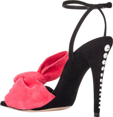 Miu Miu Black Suede Pink Bow-Embellished Jeweled Heel Ankle