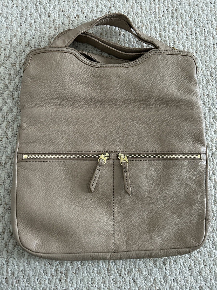 Fossil Erin Fold Over Tote Crossbody Handbag Beige Pebble Leather