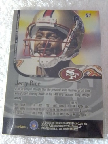 2000 Skybox Metal Football Jerry Rice Card #51. - Picture 4 of 4