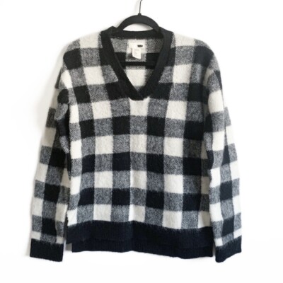 Levi s 100% Wool Buffalo Check Plaid Sweater Black White Soft Cozy