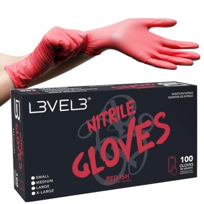 BARBER BEAUTY SALON L3VEL3 DISPOSABLE NITRILE GLOVES RED 100 PC EXTRA LARGE