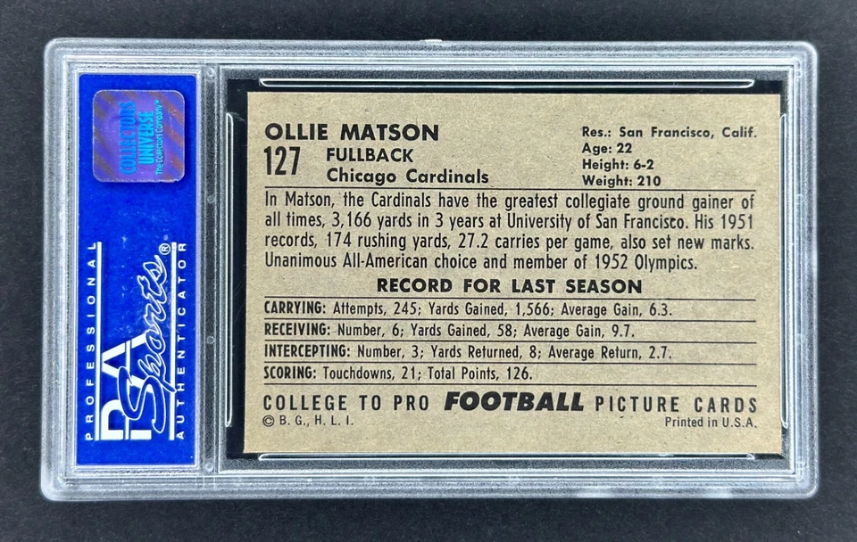 1952 年 Bowman 大号 #127 Ollie Matson SP RC(红雀队)PSA 8 近乎完好/MT (OC) 名堂! — 第 2/2 张图片