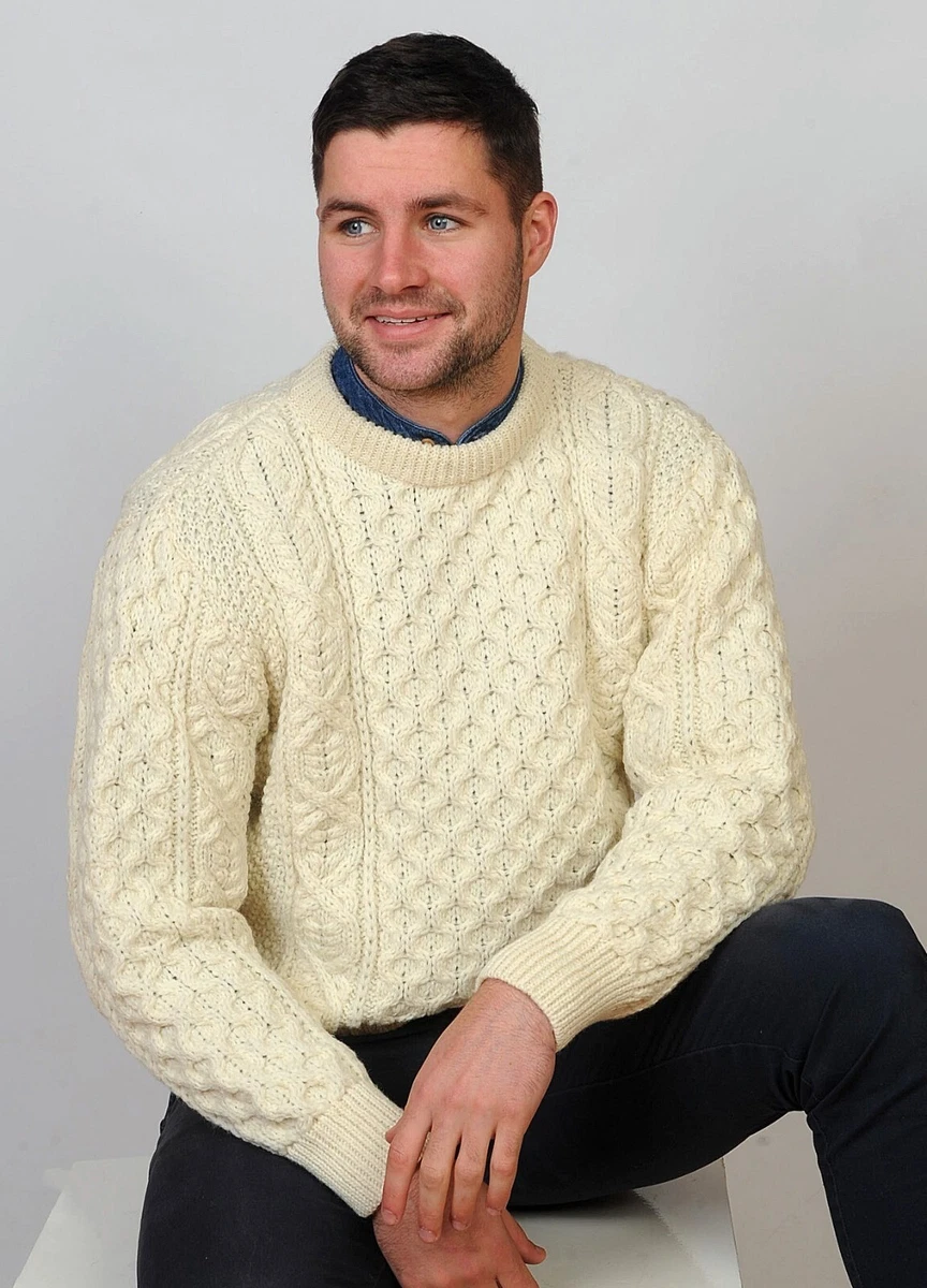 Mens Heavy Honeycomb Irish Aran Fisherman Sweater 100% Wool Crew Neck RRP  £99.99