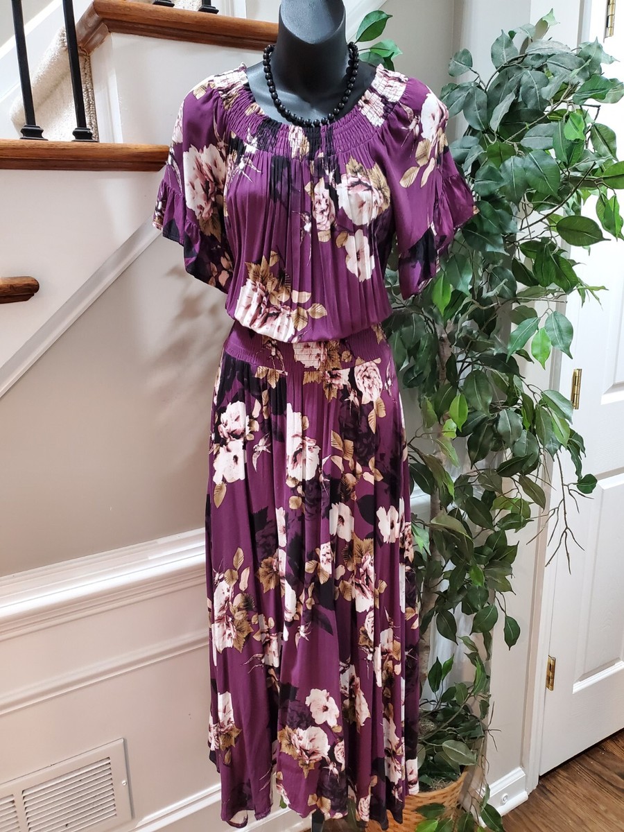 Jaase Women's Purple Floral Rayon Round Neck Half Sleeve Long Maxi Dress  Small