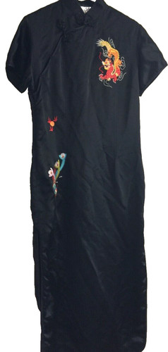 VINTAGE YI FANG CHEONGSAM DRESS WOMENS 44 BLACK SATIN EMBROIDERED DRAGON 38"x56"