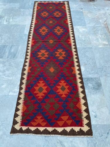 3x9 Afghan Handwoven Kilim Kitchen Runner Flat Weave Hallway Runner Kilim Rug - Afbeelding 1 van 10