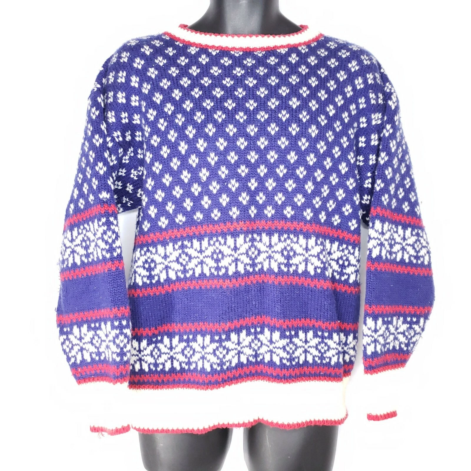 Vintage 80s Mens Size M Blue White Red Sweater Fair Isle Ski Oversized Wool
