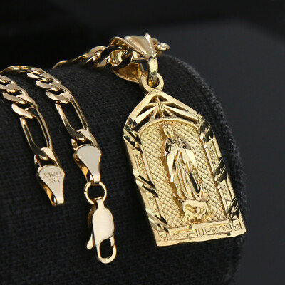 Virgin Mary Temple 14k Gold Plated Brass Pendant 24'' Figaro Choker Chain