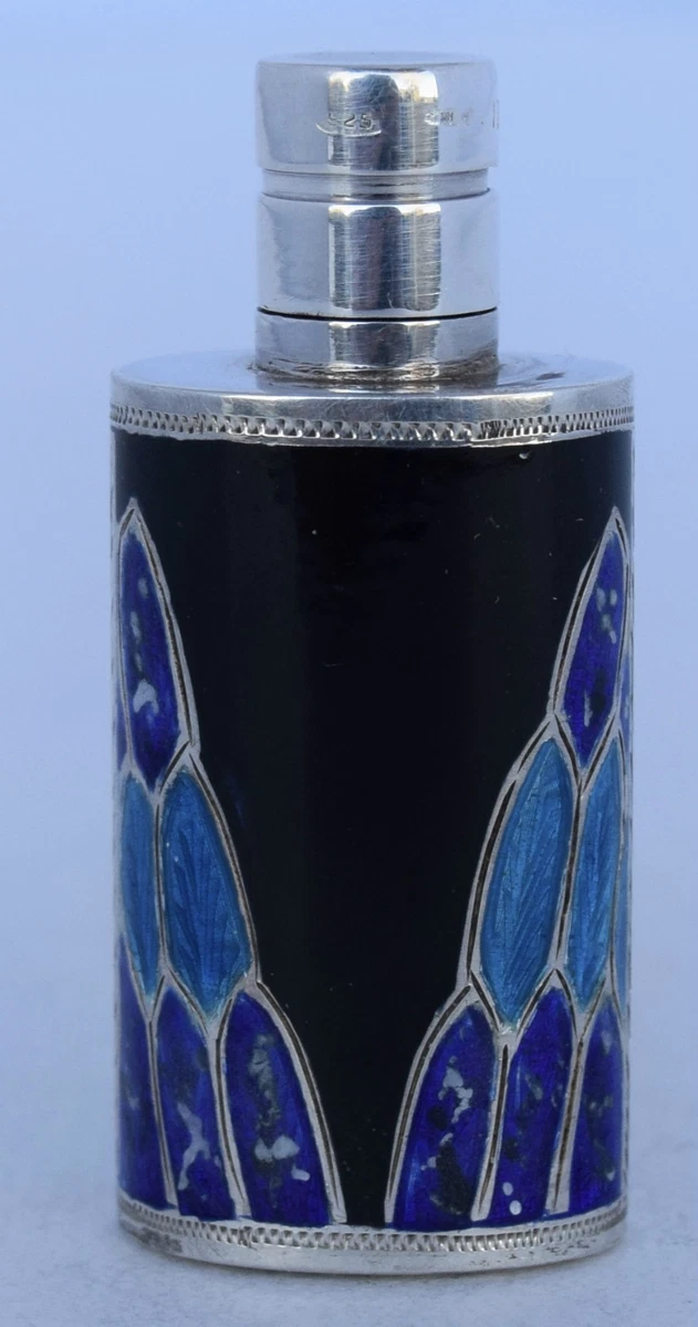 Vintage Sterling Silver Flask PERFUME Bottle Black Blue Enamel