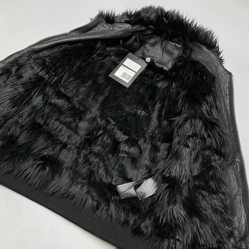 Pretty Green Men Black Label Leather Faux Fur Biker Jacket Size 2 /s Gothic - Picture 12 of 13