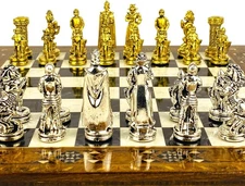Handmade Chess Set British Empire Metal Pieces Inlaid Wood Board Christmas Gift