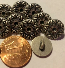 9 Antiqued Silver Tone Metal Shank Buttons Black Accent Italy 1/2" 13mm 5795