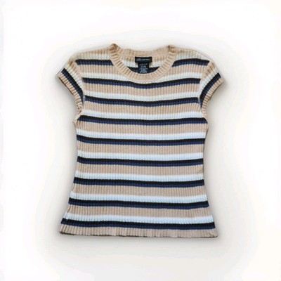 VTG No Boundaries Ribbed Stripe Top Y2K 90s Tan Blue White Short Sleeve Jr L EUC