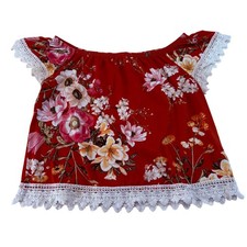 Free Kisses Red Floral Off Shoulder Lace Trim Boho Top Large Made in USA