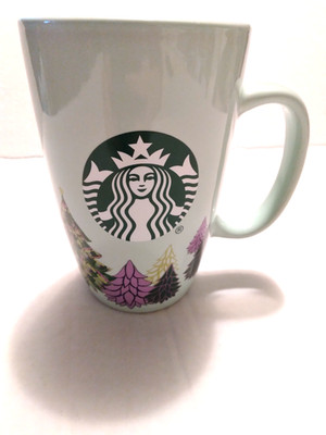 2020 STARBUCKS COFFEE Mint Green Purple Christmas Pine Trees 12oz Mug Evergreens
