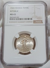 Gem UNC 1920 France 1 franc silver coin - NGC MS 65