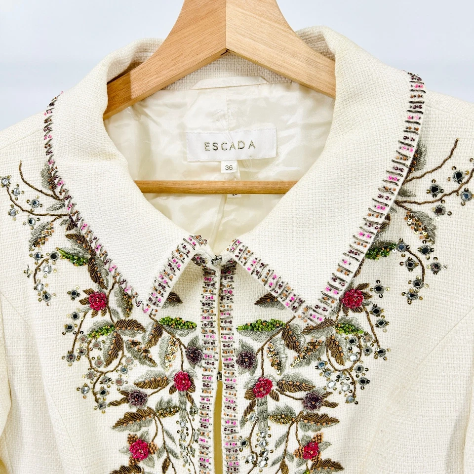 Traje Falda Vintage Años 90 Escada Marfil Crema Cuentas Bordado Lino Algodón Foto 2 de 4