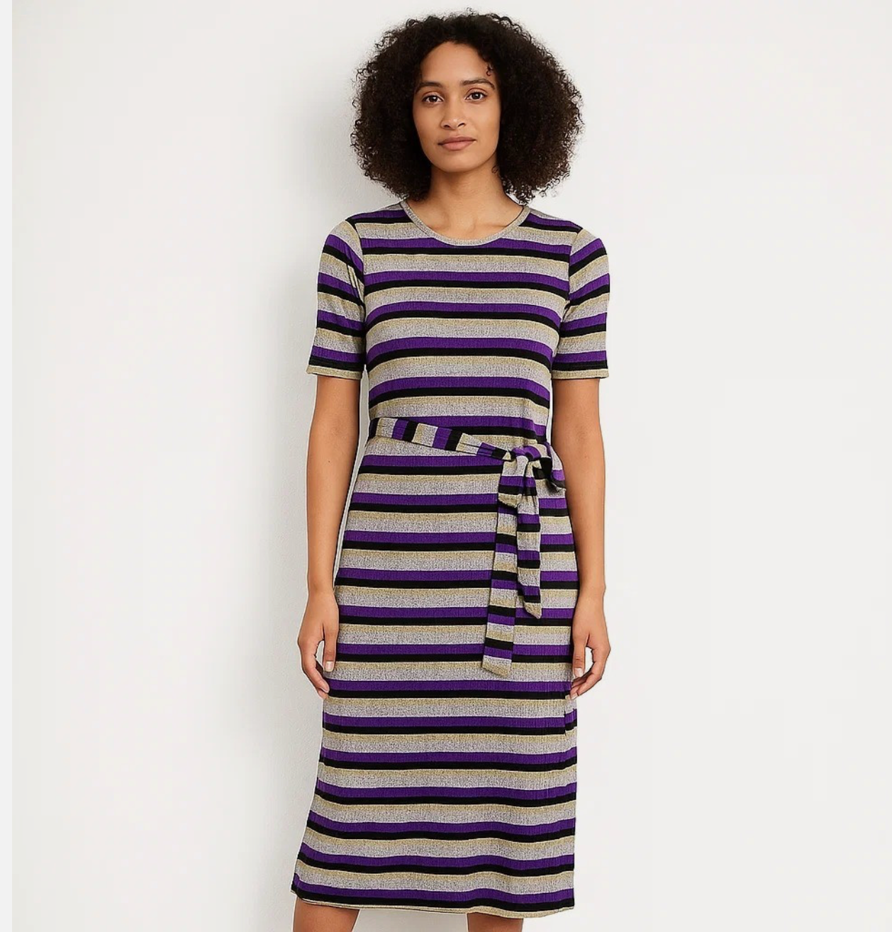 Modcloth Multicolor Striped Shimmer Belted Midi Dress Large Casual