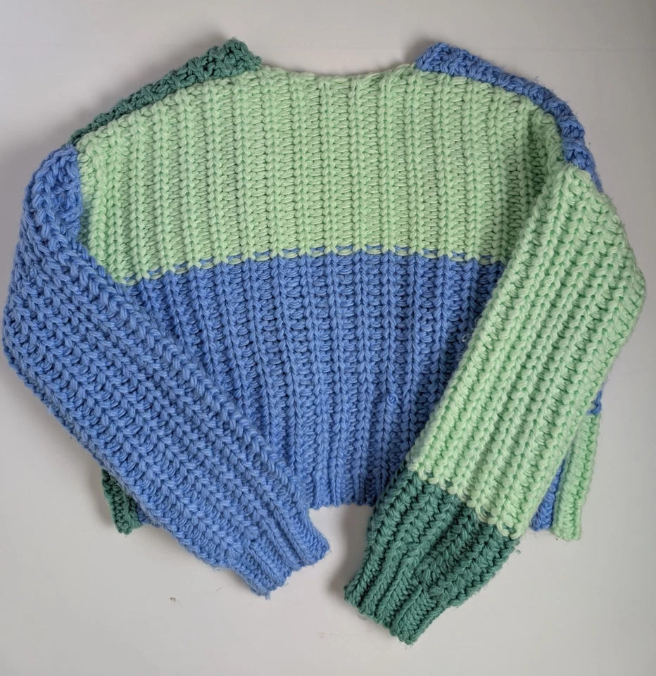 Cárdigan suéter Wild Fable grueso tejido bloques de colores pequeño azul verde para mujer Foto 3 de 4