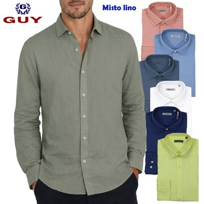 Herren Langarm Hemd Leinenmischung GUY Italienischer Kragen Mehrfarbig M L XL XXL 