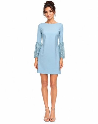 NWT CHIARA BONI LA PETITE ROBE Natalia Dress Lace Bell Sleeves Ice Blue 10 $695